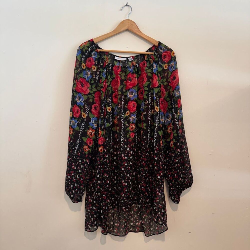 Susan Graver Black Floral Long-Sleeve Peasant Blouse with Red & Blue Blooms
